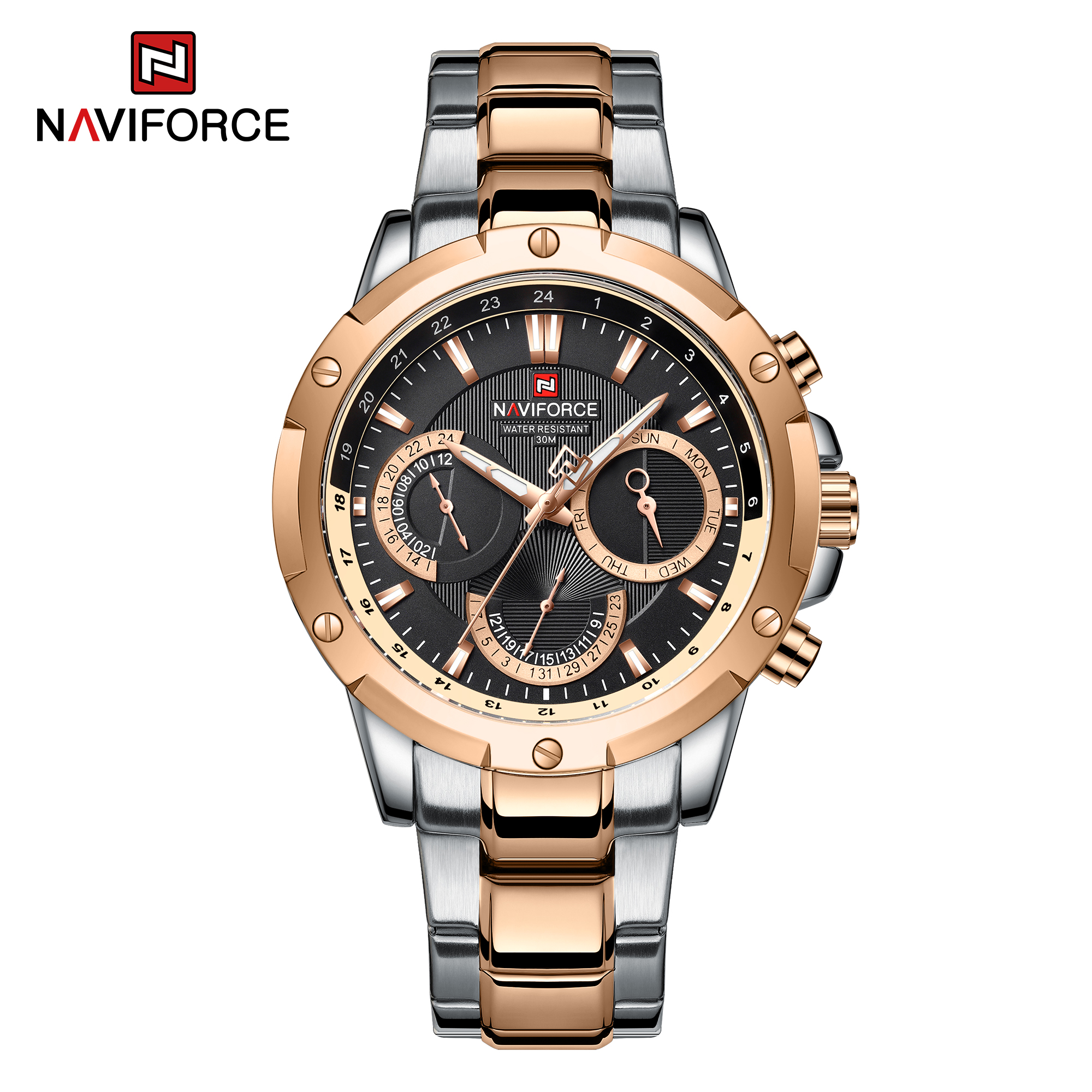ساعت مچی مردانه نیوی فورس مدل naviforce 9196 - رزگلد مشکی
