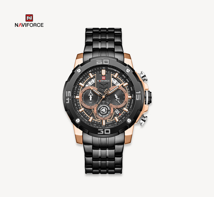 ساعت مچی مردانه نیوی فورس استیلی مدل naviforce 9175 - رزگلد.مشکی