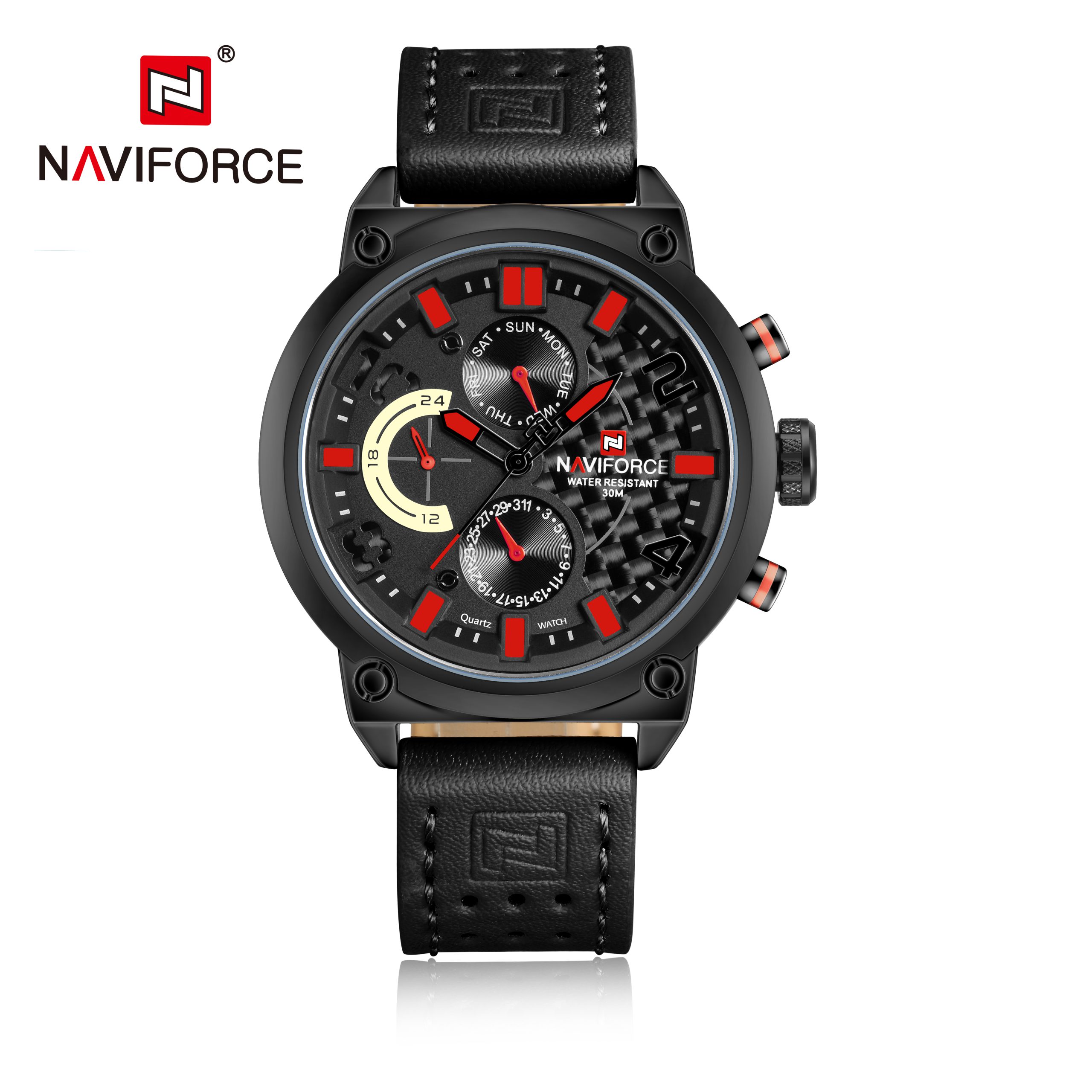 ساعت مچی مردانه نیوی فورس مدل Naviforce 9068 - مشکی قرمز چرم