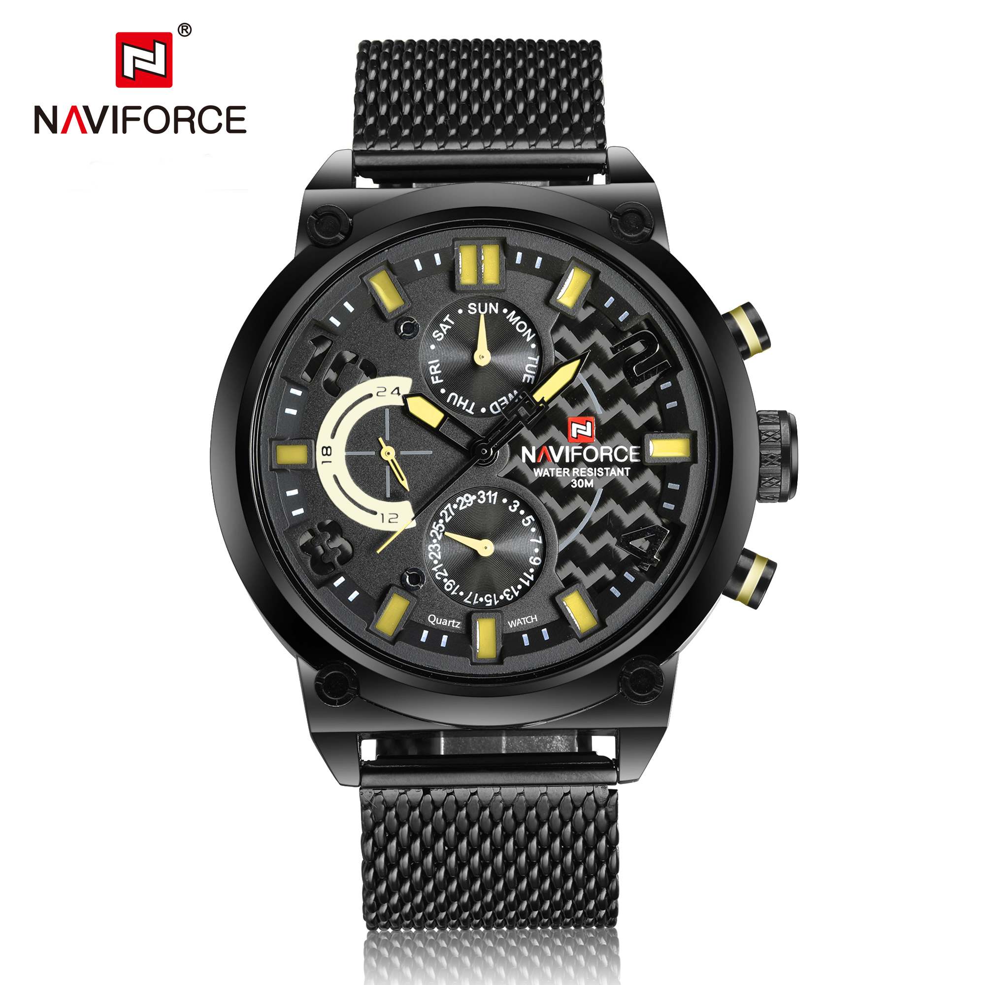 ساعت مچی مردانه نیوی فورس مدل Naviforce 9068 - مشکی زرد استیل