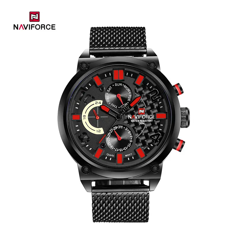 ساعت مچی مردانه نیوی فورس مدل Naviforce 9068 - مشکی قرمز استیل