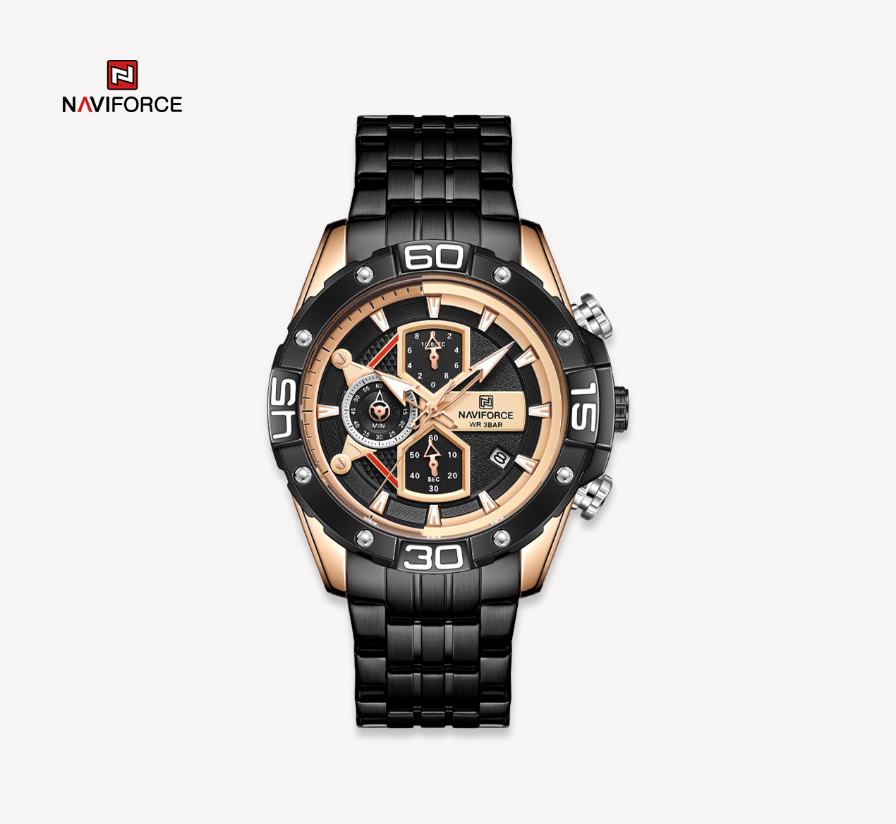 ساعت مچی مردانه نیوی فورس استیل مدل NAVIFORCE 8018 - رزگلد.مشکی