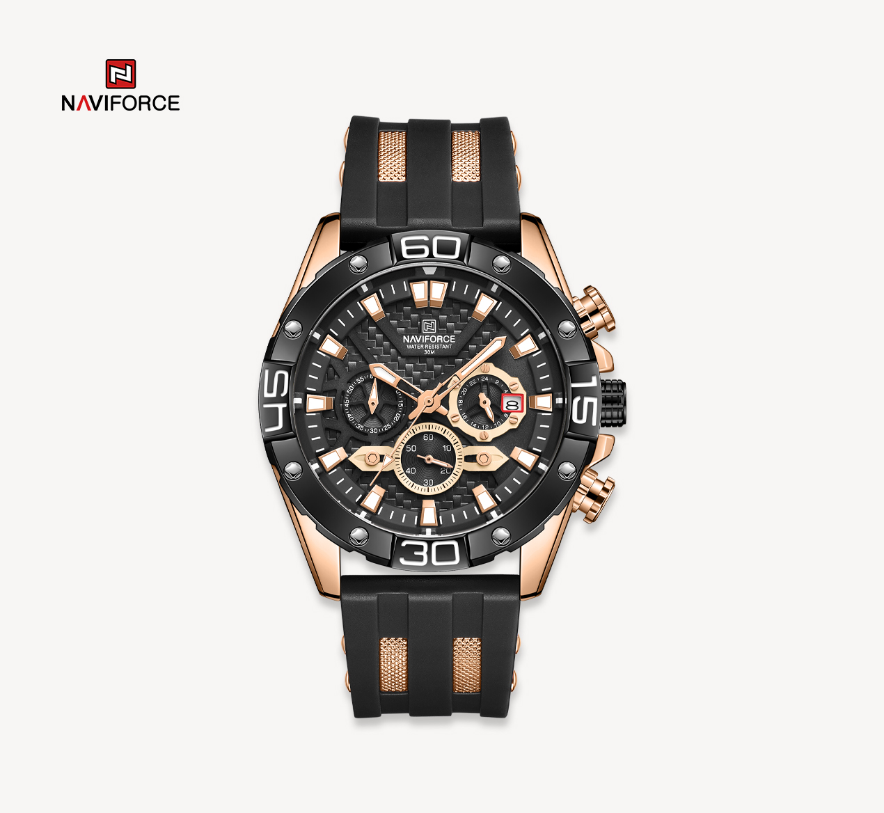ساعت مچی مردانه نیوی فورس سیلیکونی مدل Naviforce 8019 - رزگلد مشکی