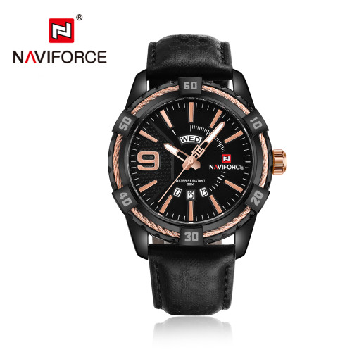 ساعت مچی مردانه نیوی فورس چرمی مدل naviforce 9117 - رزگلد مشکی