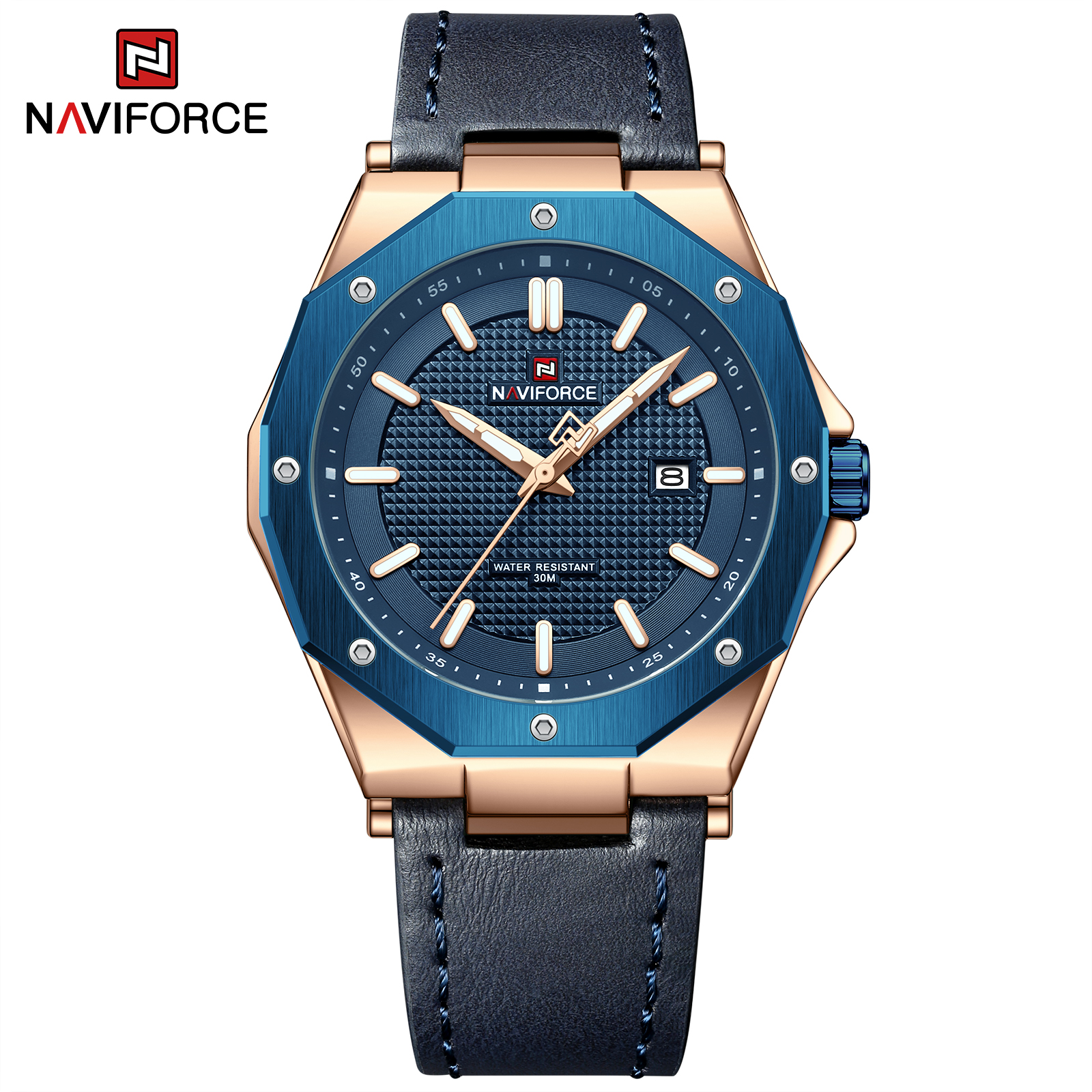 ساعت مچی مردانه چرمی نیوی فورس مدل Naviforce 9200 - رزگلد آبی