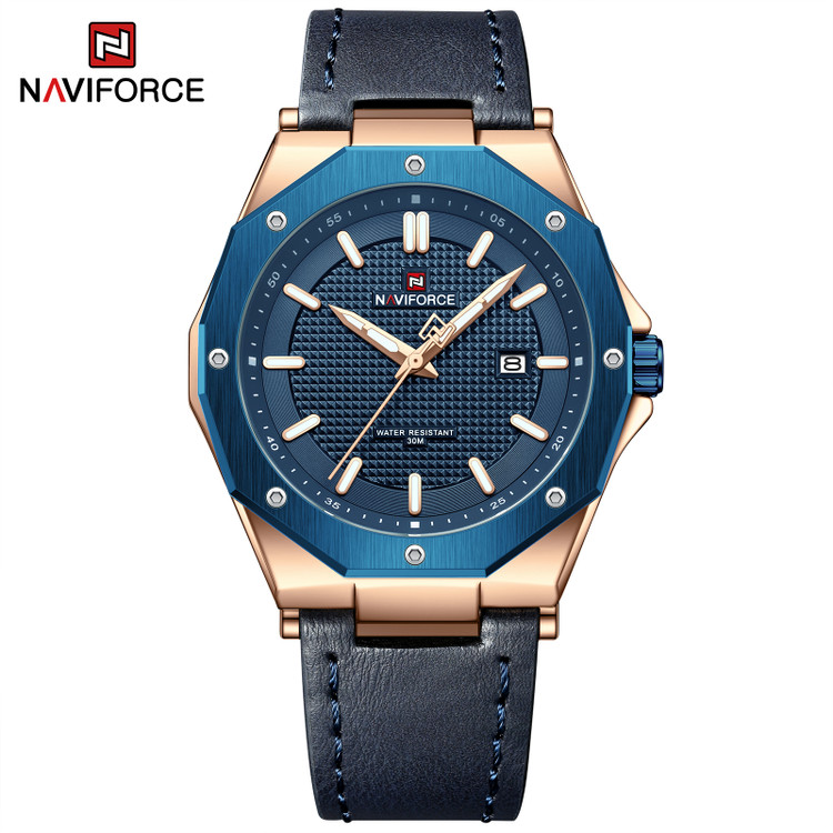 ساعت مچی مردانه چرمی نیوی فورس مدل Naviforce 9200 - رزگلد آبی