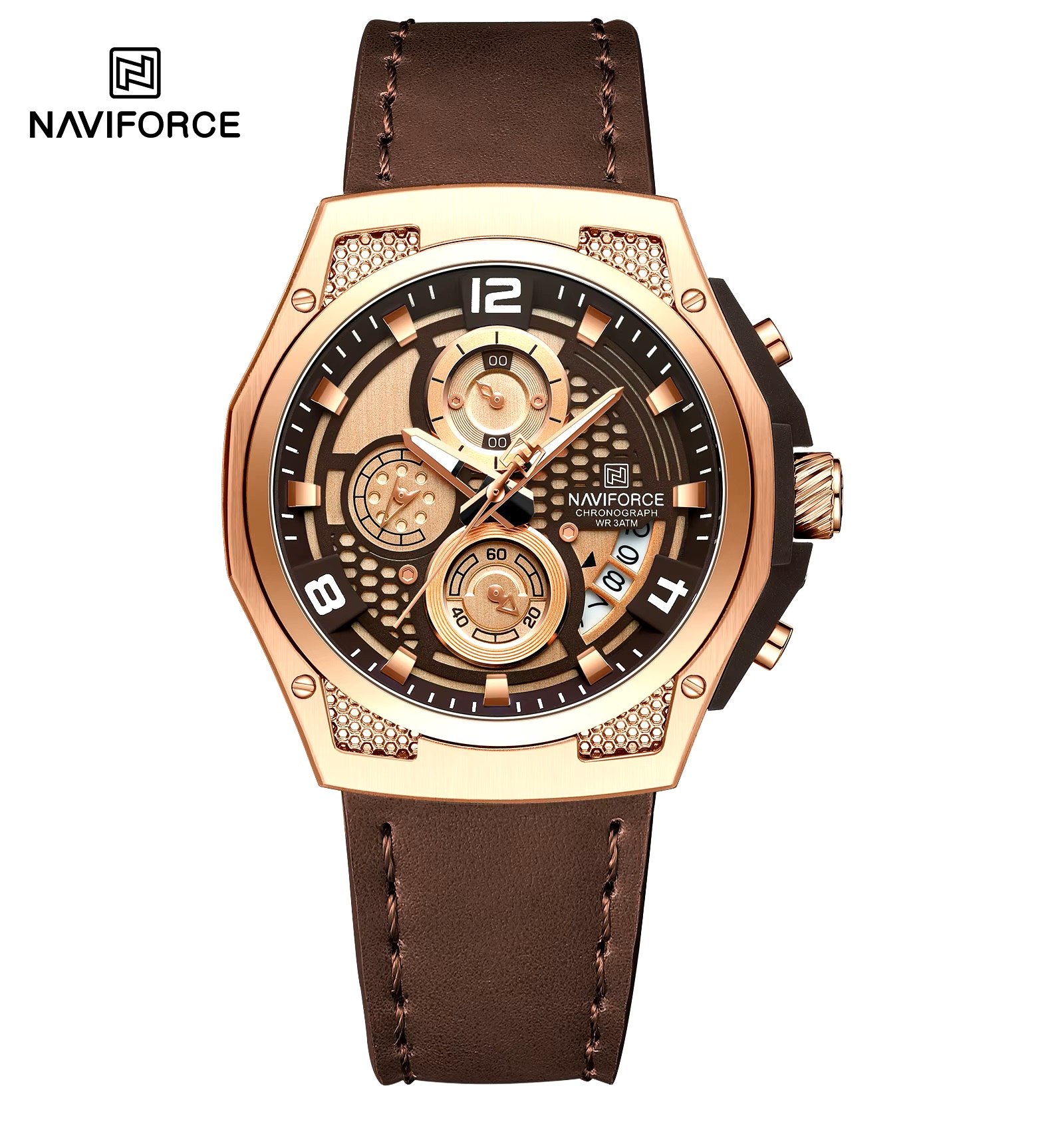 ساعت مچی مردانه نیوی فورس چرمی مدل NAVIFORCE 8051 - رزگلد قهوه ای