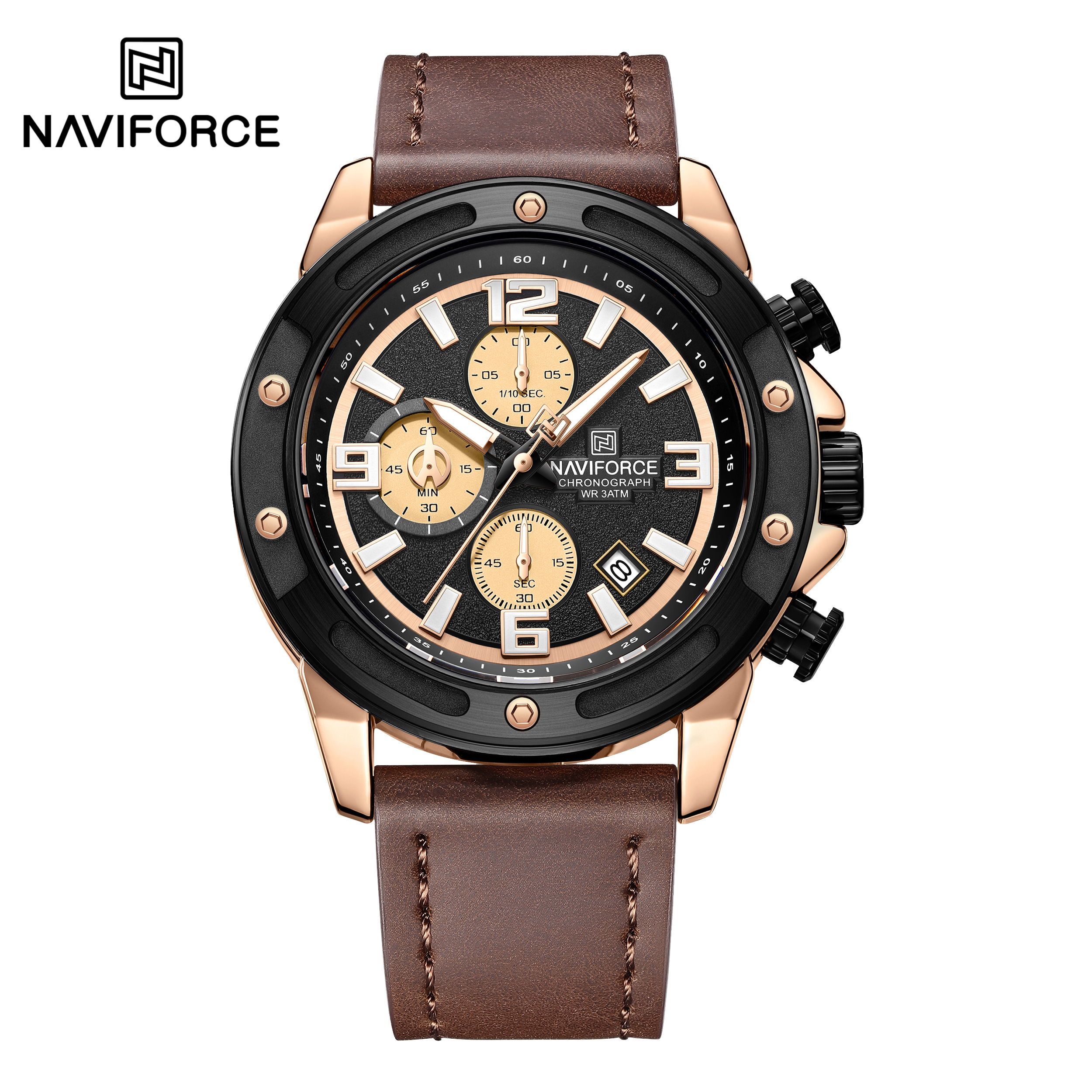 ساعت مچی مردانه نیوی فورس چرمی مدل NAVIFORCE 8074 - رزگلد قهوه ای