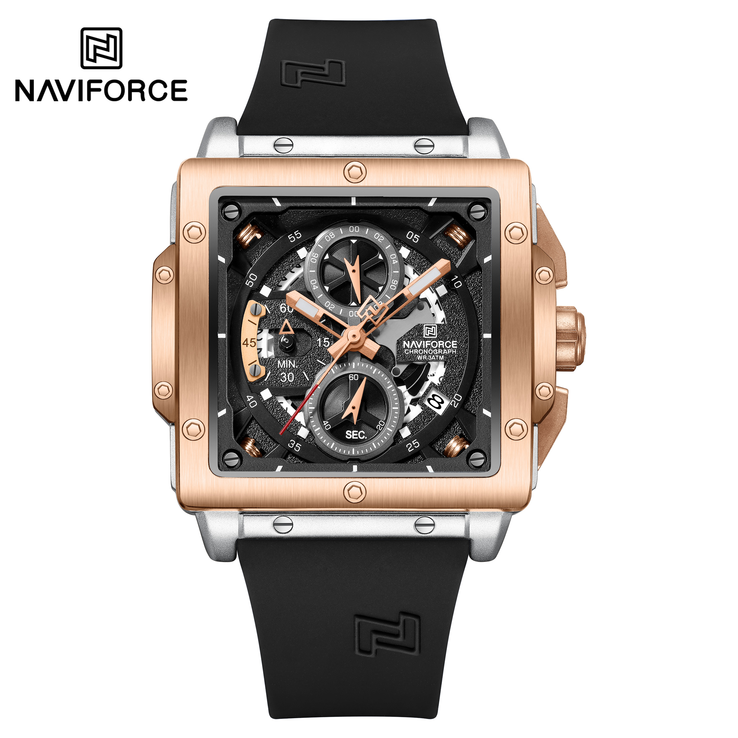 ساعت مچی مردانه نیوی فورس سیلیکونی مدل NAVIFORCE 8064 - نقره ای رزگلد
