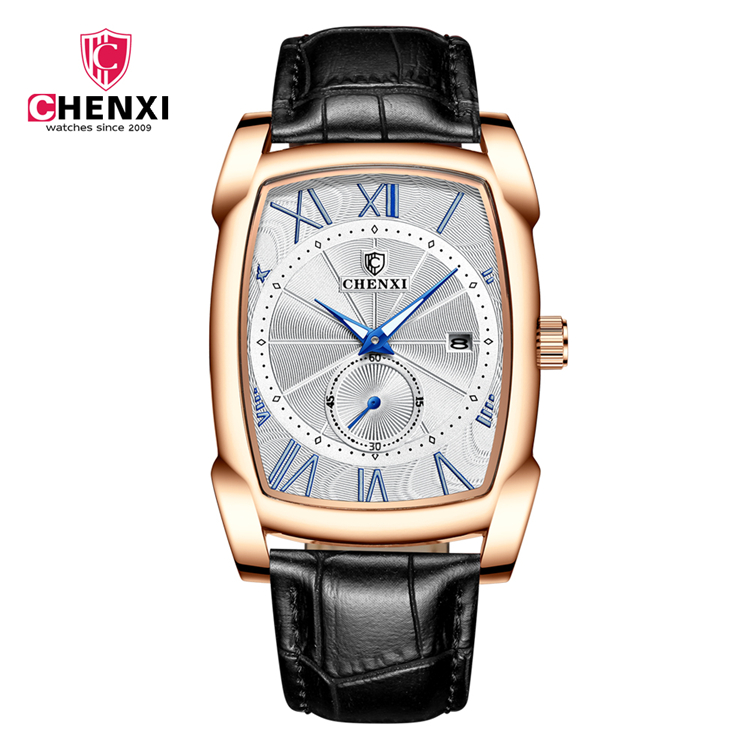 ساعت مچی مردانه چنکسی مدل CHENXI 8209 - رزگلد نقره ای بند مشکی چرم