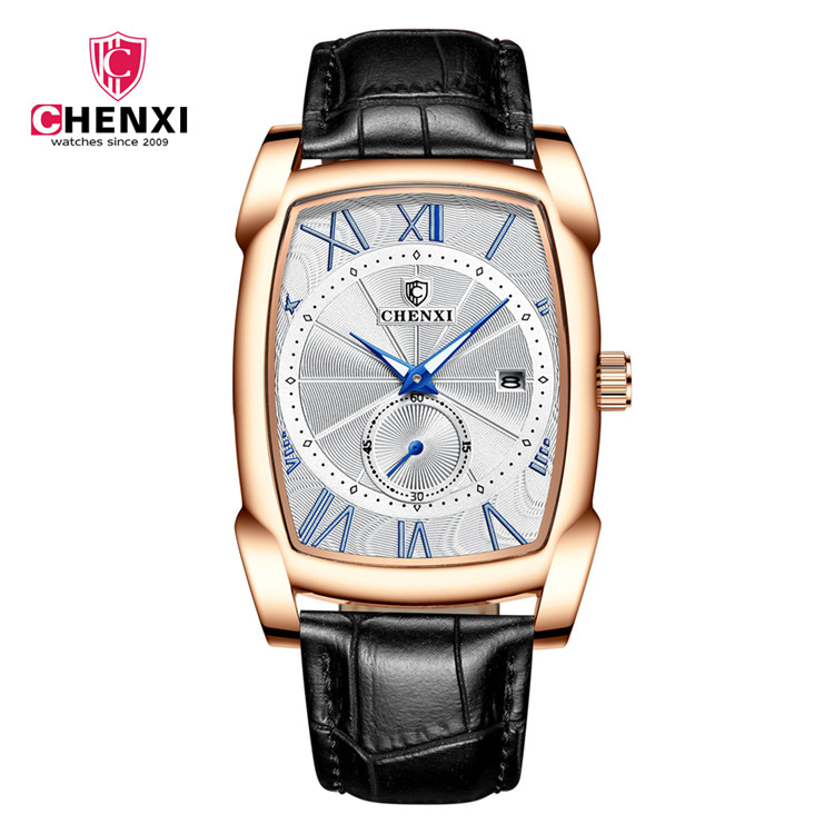 ساعت مچی مردانه چنکسی مدل CHENXI 8209 - رزگلد نقره ای بند مشکی چرم
