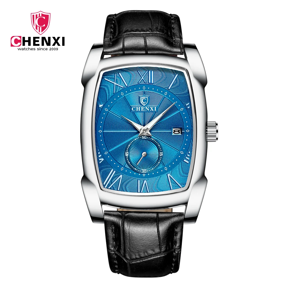 ساعت مچی مردانه چنکسی مدل CHENXI 8209 - نقره ای آبی بند مشکی چرم