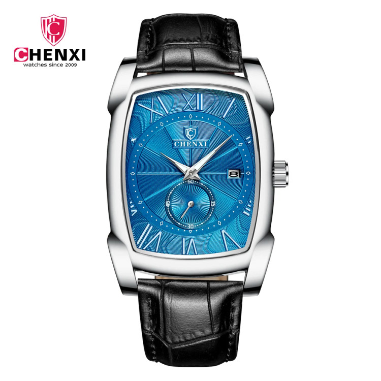 ساعت مچی مردانه چنکسی مدل CHENXI 8209 - نقره ای آبی بند مشکی چرم