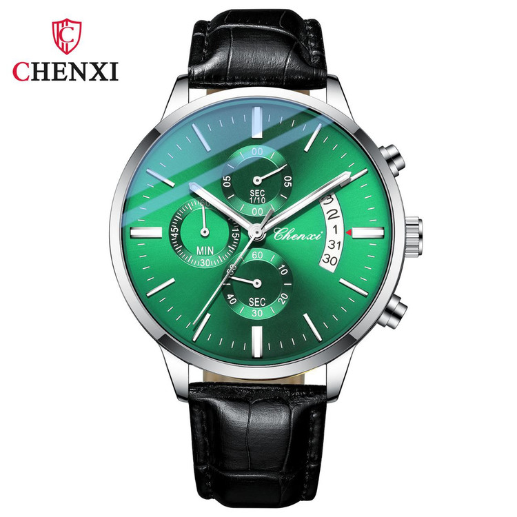 ساعت مچی مردانه چرم چنکسی مدل CHENXI 907 - نقره ای سبز
