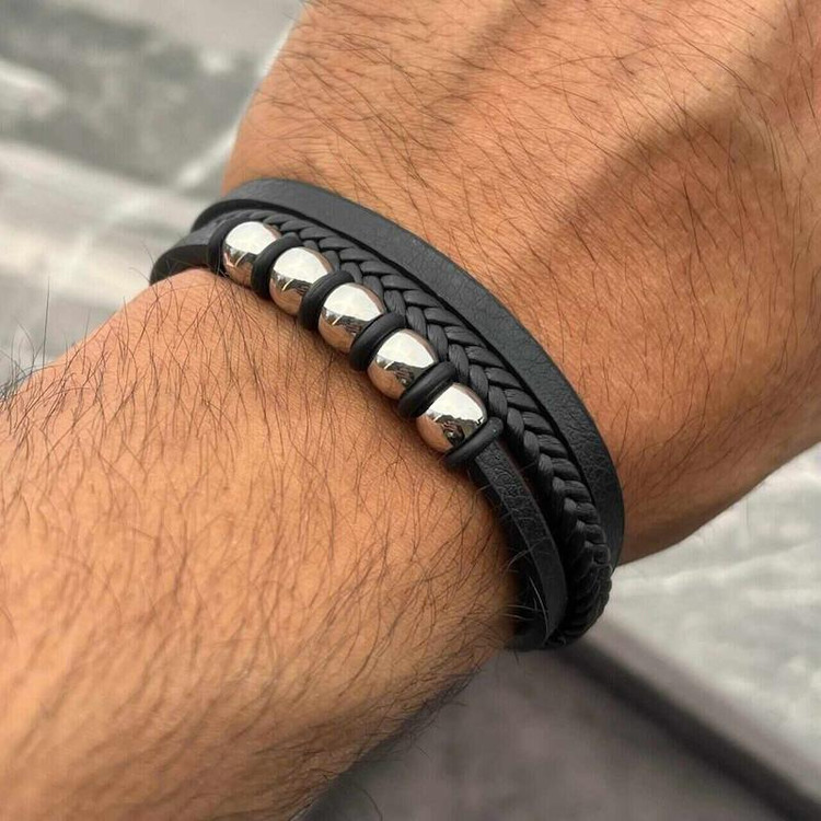 دستبند چرم استیل ۳لاین {کد۱۱۲۶}