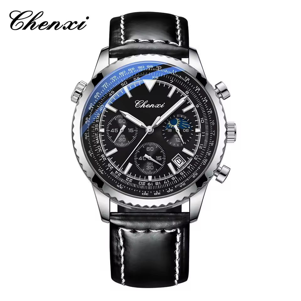 ساعت مردانه چنکسی CHENXI 928 - نقره ای مشکی چرم