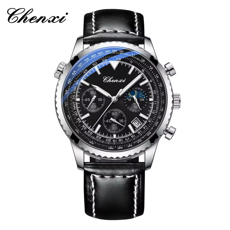 ساعت مردانه چنکسی CHENXI 928 - نقره ای مشکی چرم