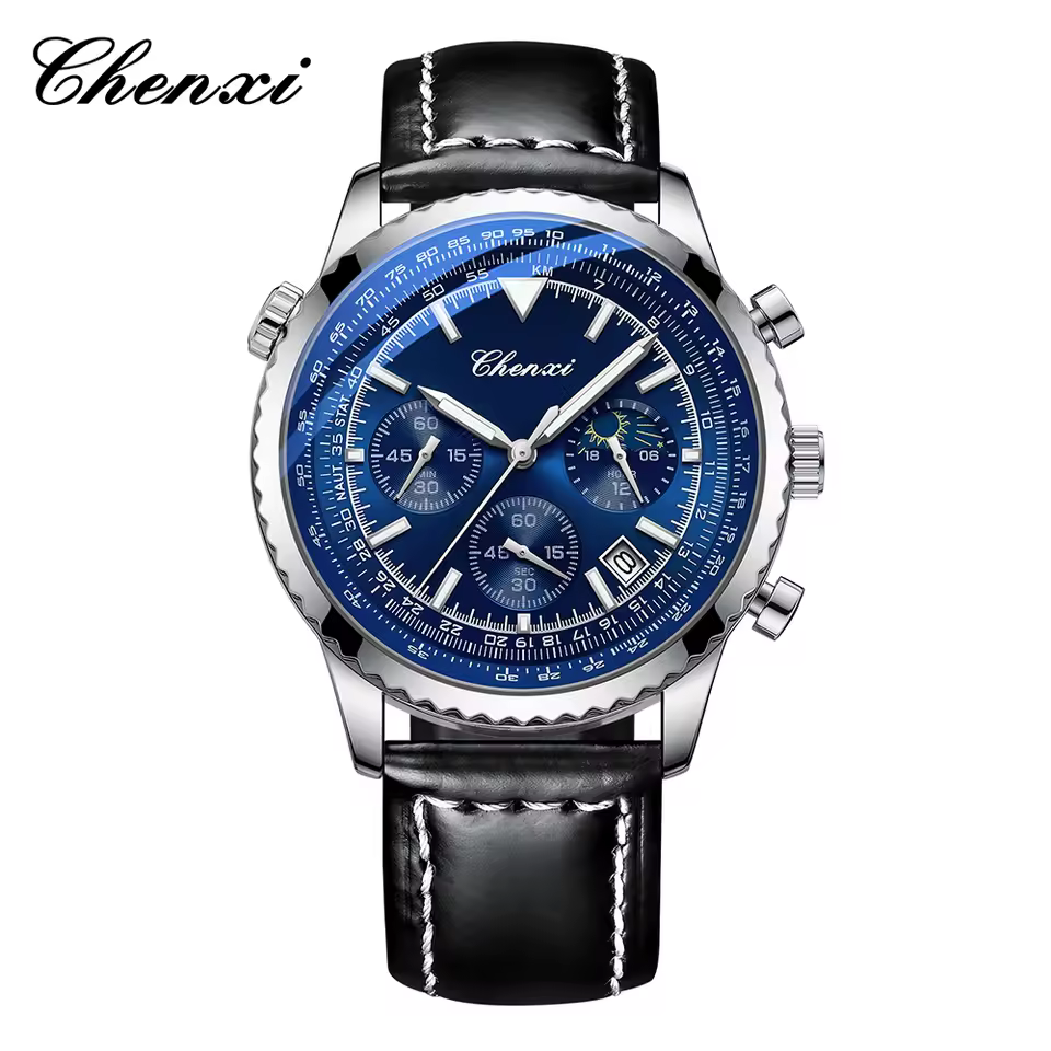 ساعت مردانه چنکسی CHENXI 928 - نقره ای آبی چرم